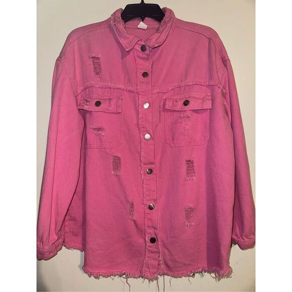 Barbie Pink Jean denim jacket Distressed Pink Lightweight “TikTok jacket” size 2 - Picture 1 of 6